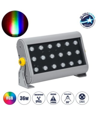 GLOBOSTAR® FLOODHENA 90642 Προβολέας Σποτ Wall Washer LED 36W 2880lm 30° DC 24V Αδιάβροχο IP65 Πολύχρωμο RGB Dimmable DMX512 - Bridgelux SMD Chip - Γκρι Ανθρακί - Μ30 x Π6 x Υ17cm - 3 Χρόνια Εγγύηση